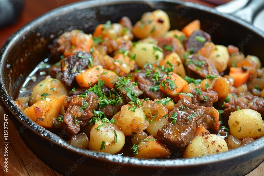 Savory beef stew with tender meat, potatoes, carrots, and onions, creating a hearty and flavorful meal Savory beef stew with tender meat, potatoes, carrots, and onions, creating a hearty and flavorful meal