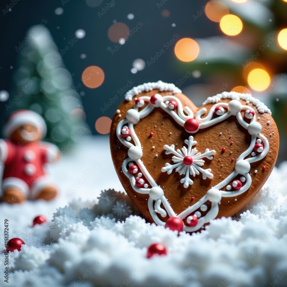 Obraz premium Ornate gingerbread heart cookie placed on a snowy winter wonderland scene , ornaments, snowflakes, Winter wonderland