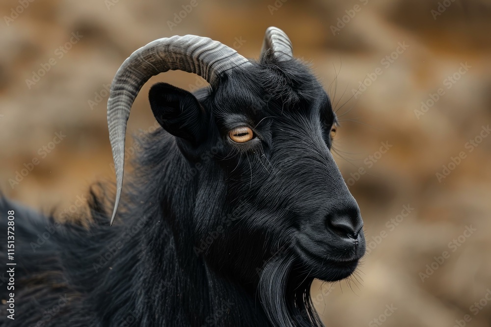 Close up of a black goat showing its powerful horns and intense gaze, blending seamlessly with its natural environment Close up of a black goat showing its powerful horns and intense gaze, blending seamlessly with its natural environment