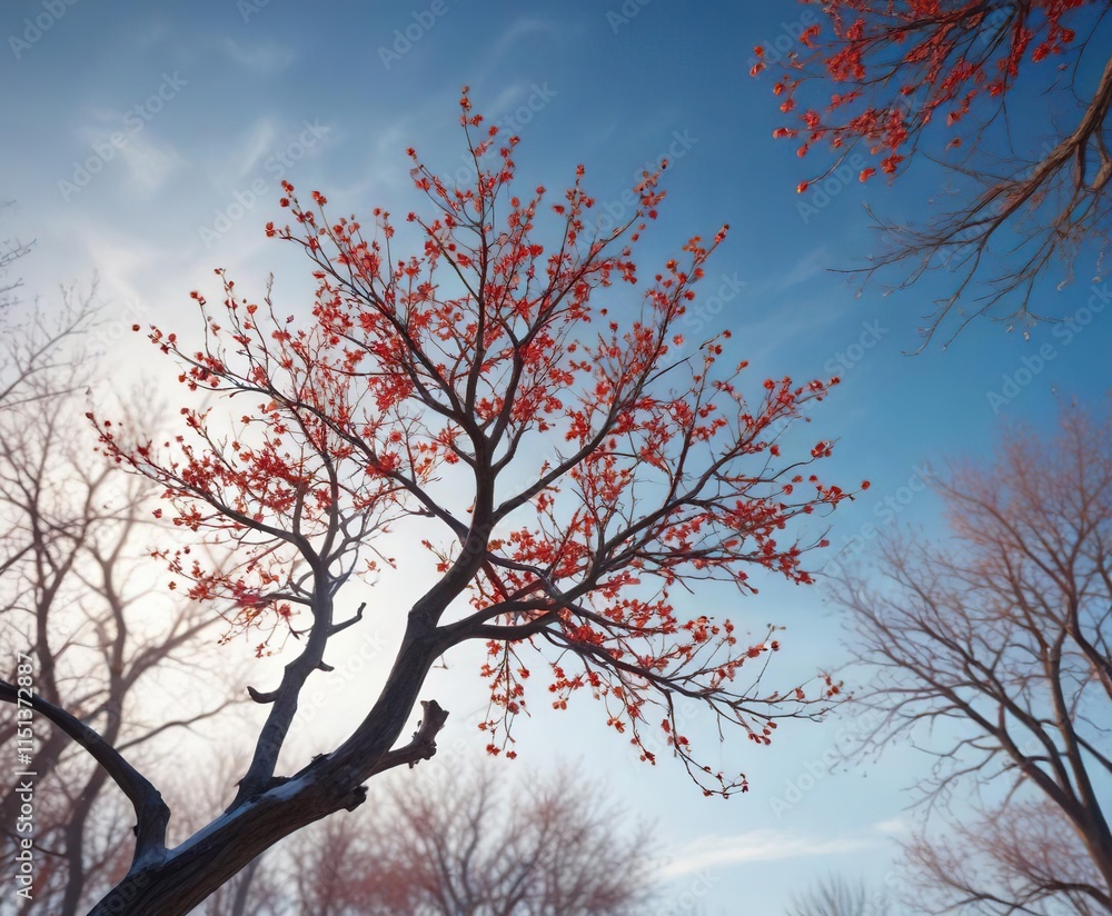 Rowan tree in winter with bare branches and red berries hanging from its limbs against a bright blue sky, nature backgrounds, snow on trees, cold weather Rowan tree in winter with bare branches and red berries hanging from its limbs against a bright blue sky, nature backgrounds, snow on trees, cold weather