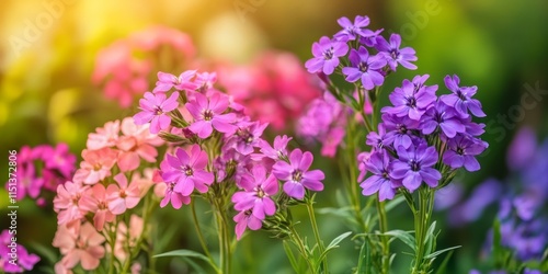 Purple and pink Dame s rocket flowers, Hesperis matronalis, flourish beautifully in the summer garden, showcasing the vibrant colors of these remarkable Dame s rocket blooms. photo