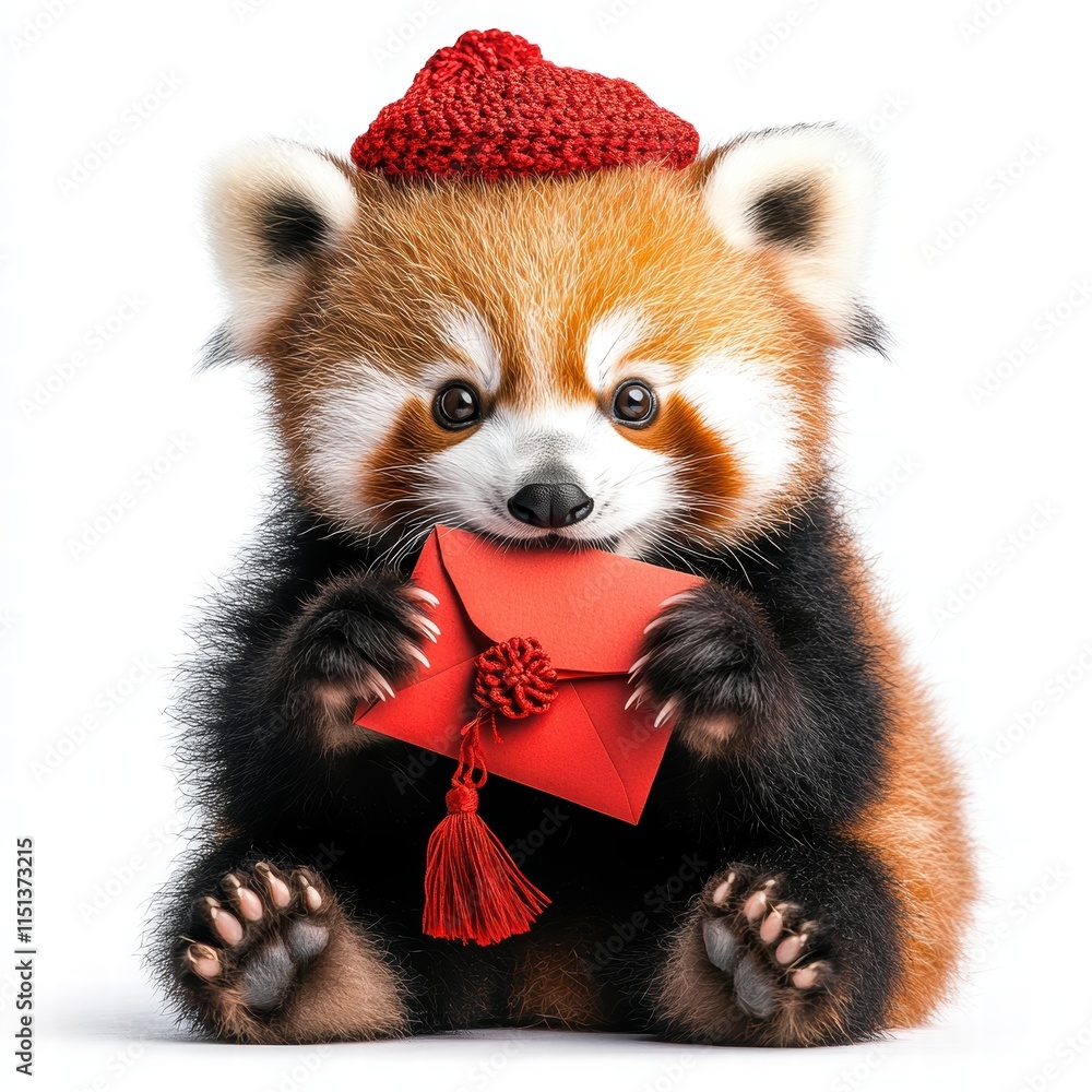 Playful red panda cub celebrates chinese new year with a red envelope vibrant environment fun concept Playful red panda cub celebrates chinese new year with a red envelope vibrant environment fun concept