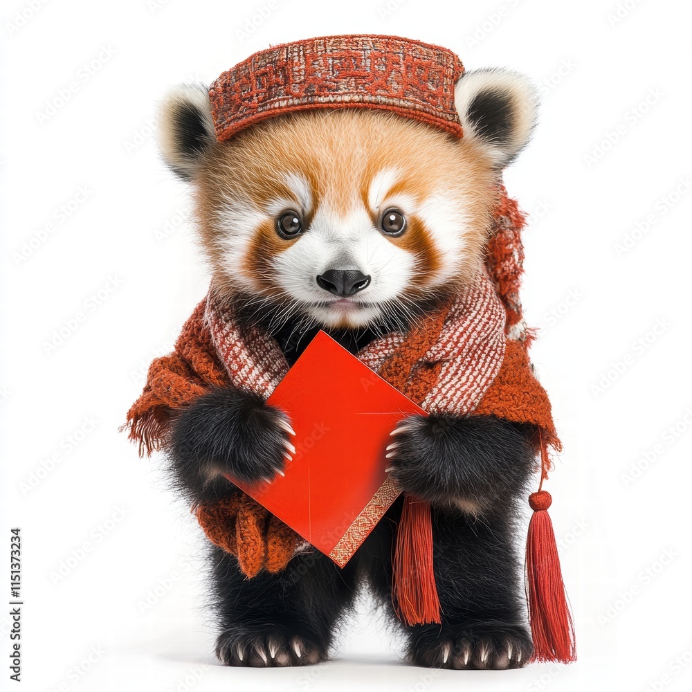 Playful red panda cub celebrating chinese new year with a red envelope in a festive environment Playful red panda cub celebrating chinese new year with a red envelope in a festive environment