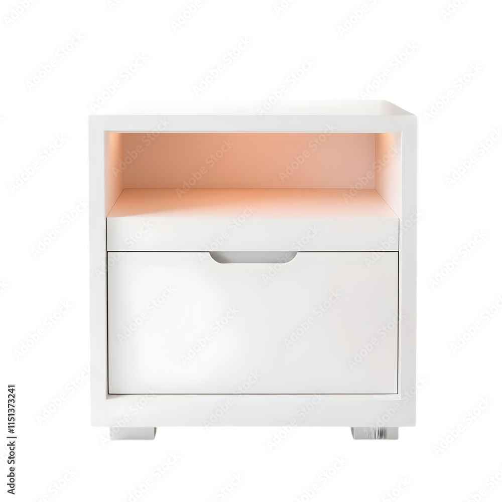 A sleek nightstand with clean lines and a minimalist design on a white background A sleek nightstand with clean lines and a minimalist design on a white background