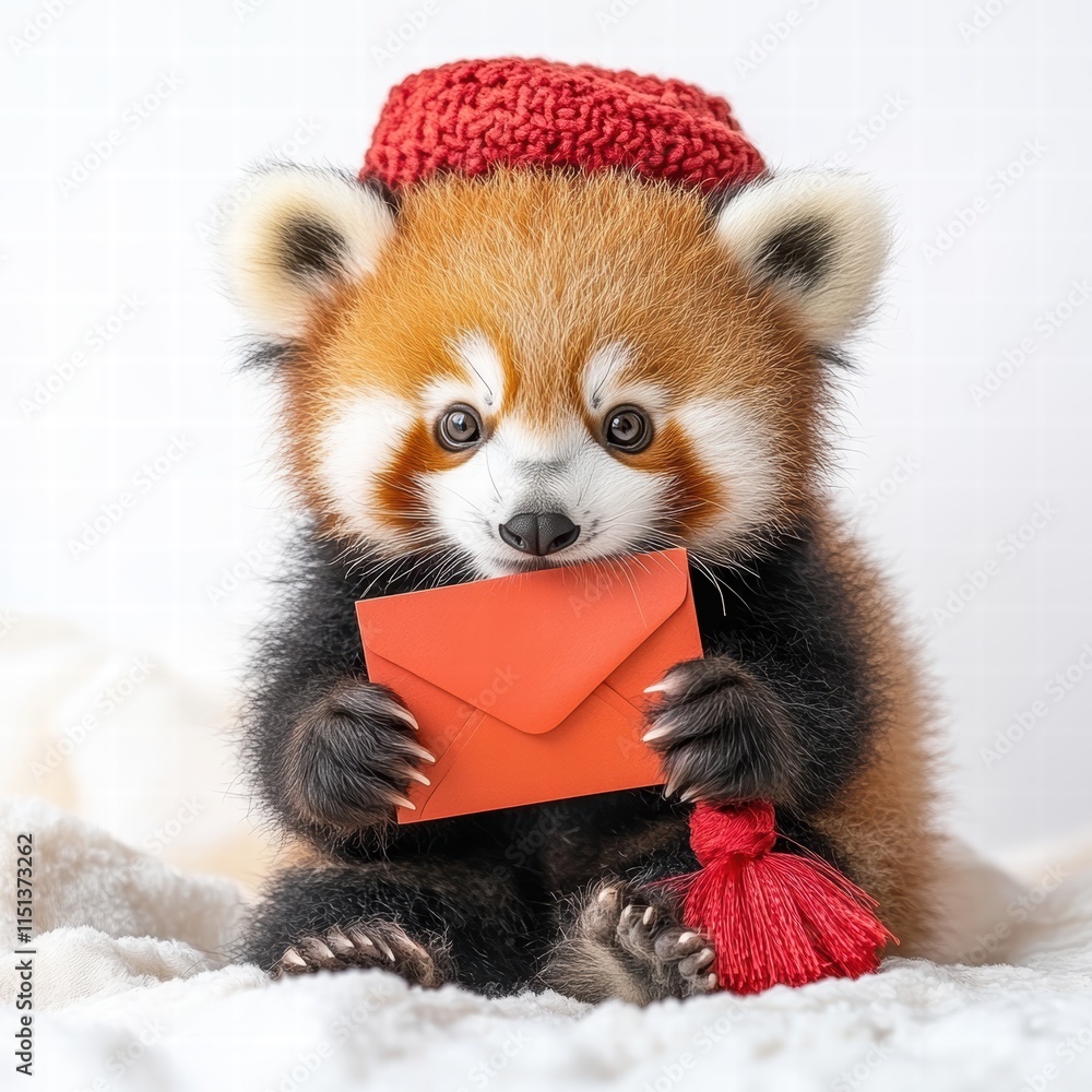 Playful red panda cub celebrates chinese new year with red envelopes in a cozy environment Playful red panda cub celebrates chinese new year with red envelopes in a cozy environment