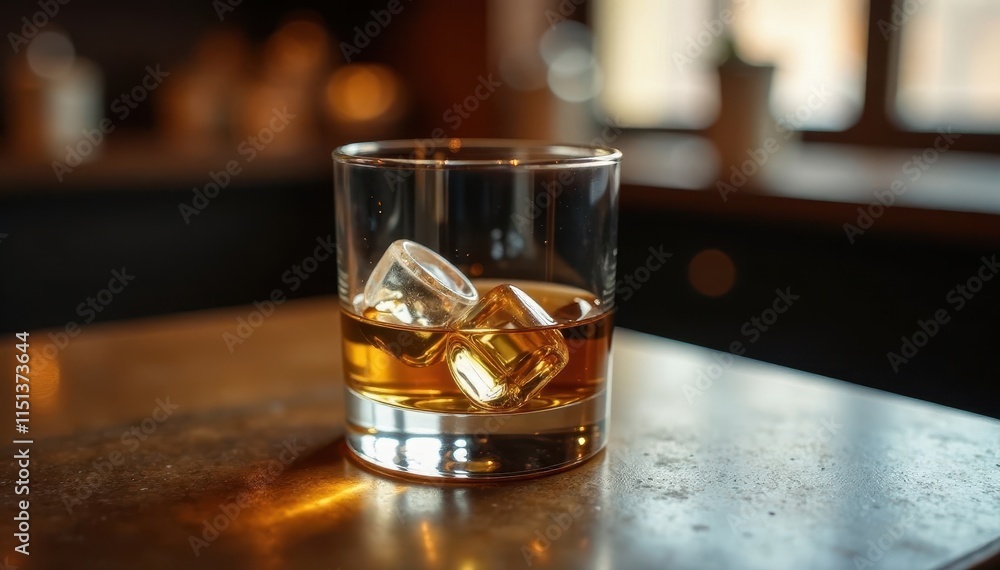 Smooth whiskey glass on a wooden table with a few ice cubes, dark, table Smooth whiskey glass on a wooden table with a few ice cubes, dark, table