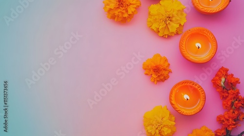 Colorful Diwali lamps and vibrant marigold flowers create a festive atmosphere for celebration and joy during the festival of lights photo