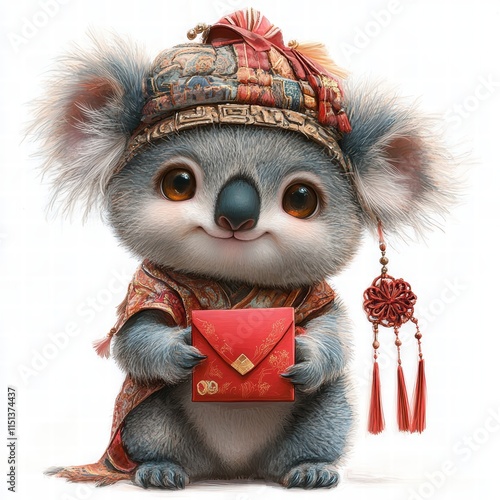 Chubby koala celebrates chinese new year clutching red envelopes in tangzhuang style playful environment whimsical viewpoint photo