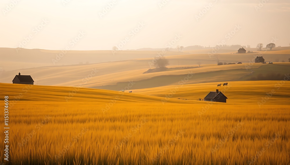 Obraz premium a field of wheat with a house in the background