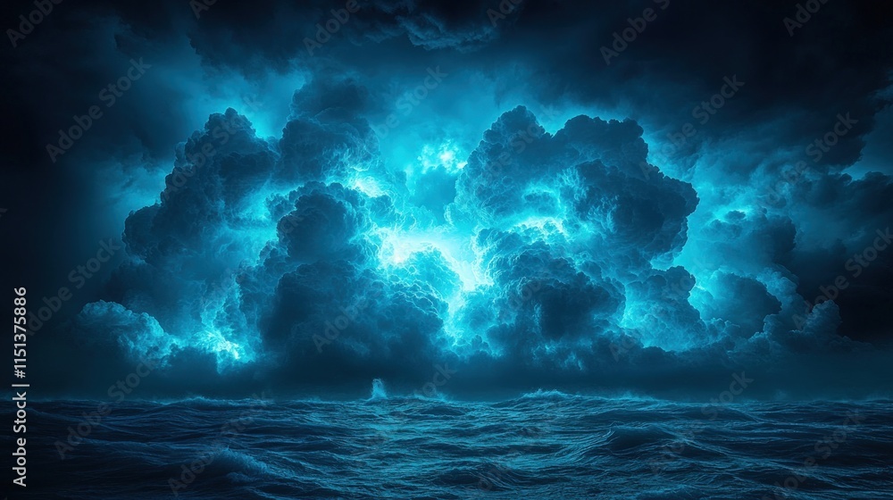 Fototapeta premium Dark stormy ocean, glowing blue clouds.