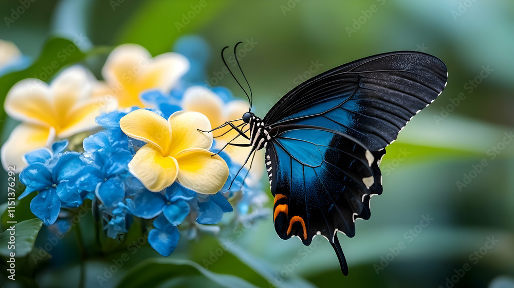 Blue butterfly feeding on yellow and blue flowers in a lush garden, perfect for nature websites and publications. Blue butterfly feeding on yellow and blue flowers in a lush garden, perfect for nature websites and publications.