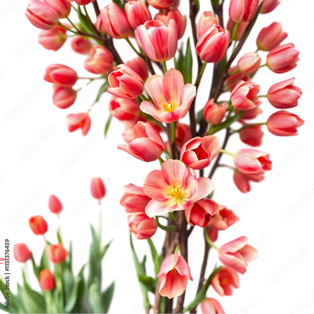 Obraz premium A vibrant tulip tree with blooming flowers on a clean white background