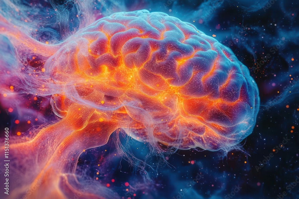 close-up of the human brain showcasing neurons firing, intricate neural extensions, and a vibrant depiction of cognitive learning and plasticity, set against a textured colorful backdrop close-up of the human brain showcasing neurons firing, intricate neural extensions, and a vibrant depiction of cognitive learning and plasticity, set against a textured colorful backdrop