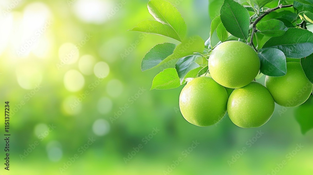 A close-up of green apples hanging from a branch in a lush, bright environment. A close-up of green apples hanging from a branch in a lush, bright environment.