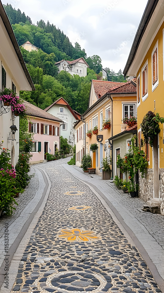 Cobblestone Street, Hillside Village, European Town, Travel Poster, Scenic. Cobblestone Street, Hillside Village, European Town, Travel Poster, Scenic.