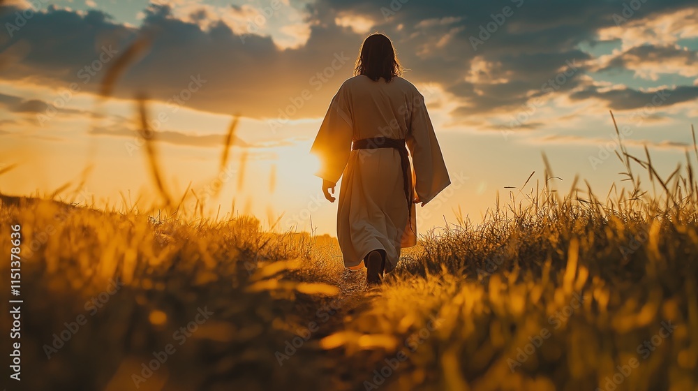 Fototapeta premium back view of Jesus walking in desolated grass field with sunset light 