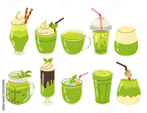 Set illustrations matcha drinks. Cold and hot beverages. Coffee, green tea, smoothie, cocktail in flat style on white background.
