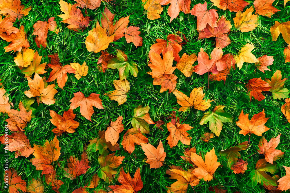 Fototapeta premium Colorful autumn leaves on lush green grass background