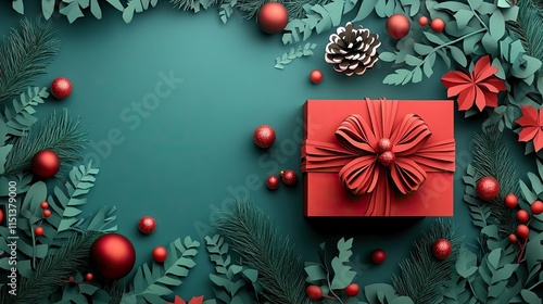 A Celebration of Christmas tree, Santa Claus with gift box, champagne and Beautiful Christmas holiday frame of fir branches with happy new year 2025