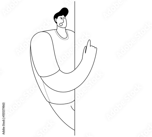 Man pointing his finger at something important. Vector illustration to attract attention. Cartoon outline style. Design element