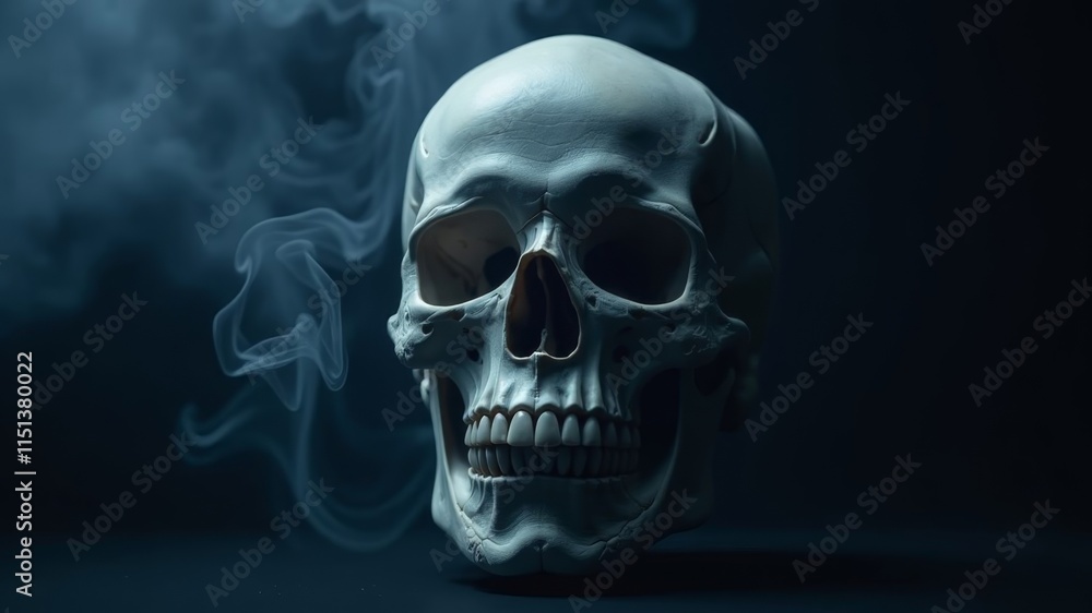 Human skull in smoke in dark blue room Human skull in smoke in dark blue room