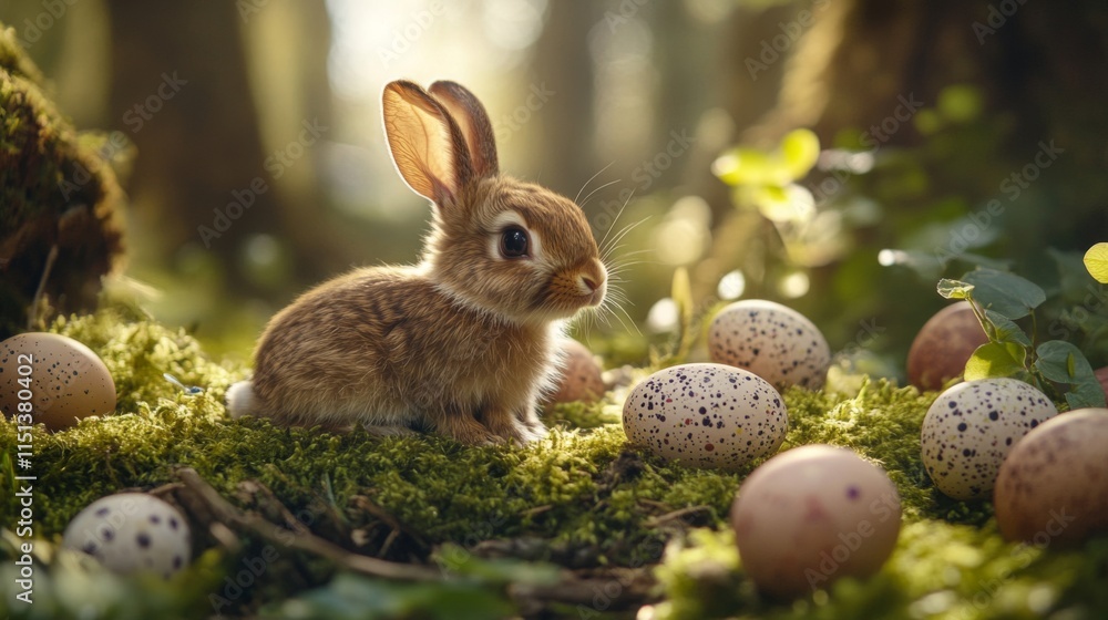 Adorable Baby Rabbit Amidst Easter Eggs In Springtime Woods Adorable Baby Rabbit Amidst Easter Eggs In Springtime Woods