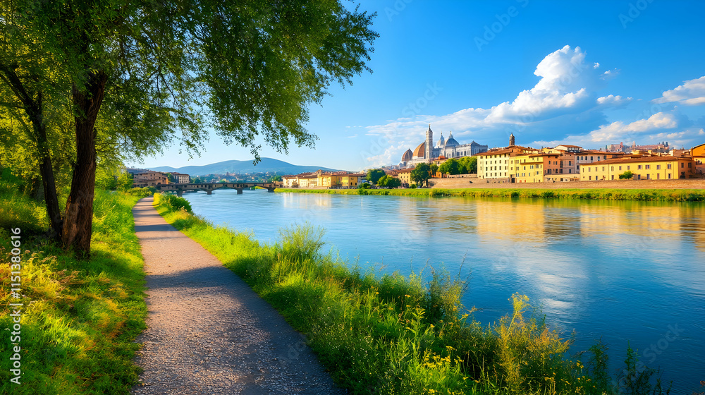 Obraz premium Florence River Walk Sunrise Scenic path, Ponte Vecchio, Duomo skyline, summer tourism.