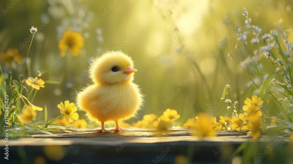A Fluffy Yellow Chick Amidst Spring Flowers A Fluffy Yellow Chick Amidst Spring Flowers