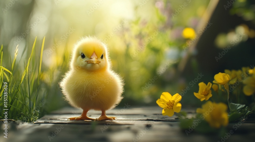 A Fluffy Yellow Chick Stands in a Sunny Garden A Fluffy Yellow Chick Stands in a Sunny Garden