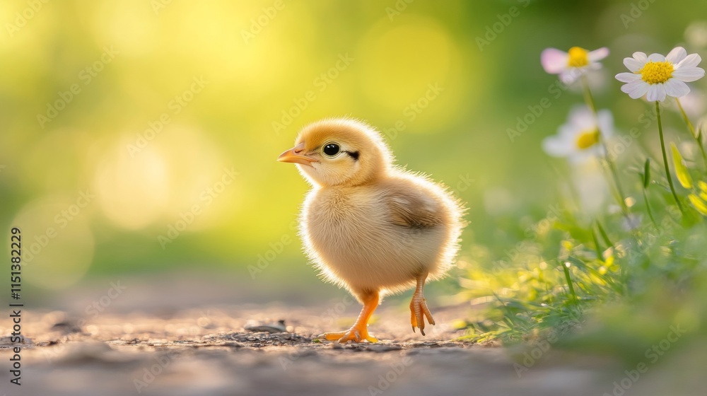 A fluffy yellow chick stands in a sunlit field A fluffy yellow chick stands in a sunlit field