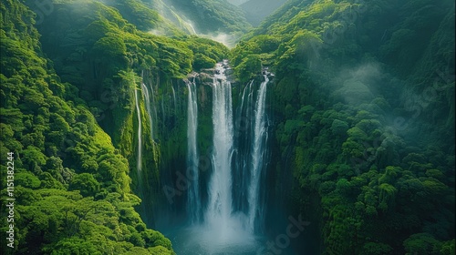 Fototapeta Naklejka Na Ścianę i Meble -  A breathtaking aerial view of a powerful waterfall cascading down a rugged, lush valley. Dense, vibrant green tropical foliage surrounds the waterfall.