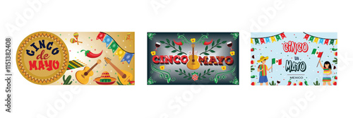 Cinco De Mayo Mexican Celebration. Artwork with guitar and Festive Decorations. Traditional Elements and Cultural Decorations. Setlat vector modern illustration