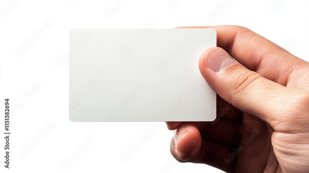 Close-up of a hand holding a blank business card isolated on a white background. Close-up of a hand holding a blank business card isolated on a white background.
