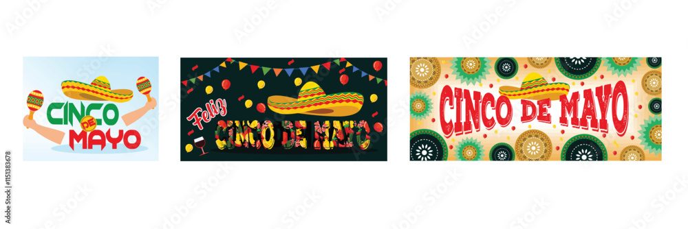 Obraz premium Colorful Cinco de Mayo Celebration. Balloons, Sombreros and Festive Decorations. Fiesta banner and poster design with Traditional Hat. Set flat vector modern illustration
