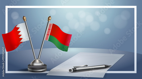 Bahrain and Belarus National flags on small table with bokeh background, cooperative relationship