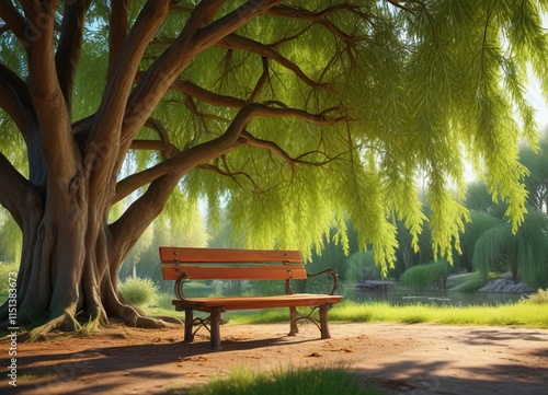 Wooden bench under a weeping willow tree's canopy, landscape, tree