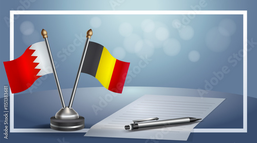 Bahrain and Belgium National flags on small table with bokeh background, cooperative relationship