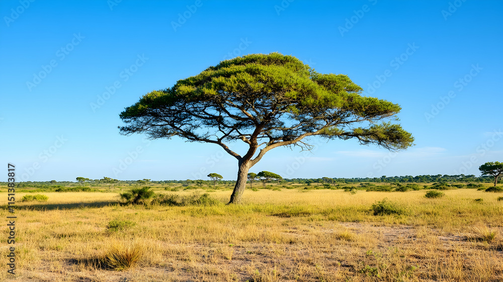 Lone acacia tree savanna landscape, African plains, sunny day, travel poster. Lone acacia tree savanna landscape, African plains, sunny day, travel poster.