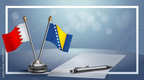 Bahrain and Bosnia and Herzegovina National flags on small table with bokeh background, cooperative relationship