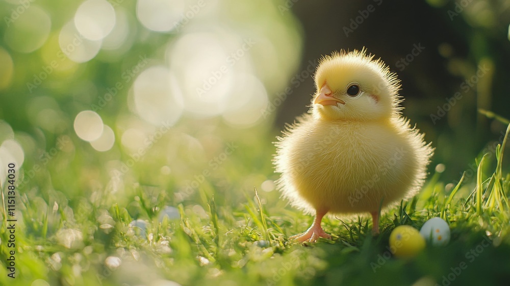 A Fluffy Yellow Chick Stands In Green Grass A Fluffy Yellow Chick Stands In Green Grass