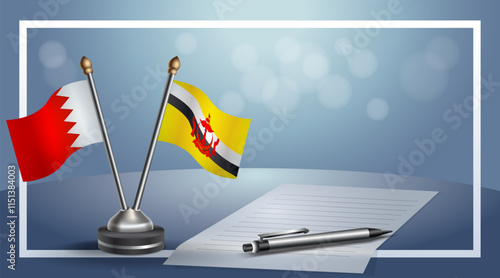 Bahrain and Brunei National flags on small table with bokeh background, cooperative relationship