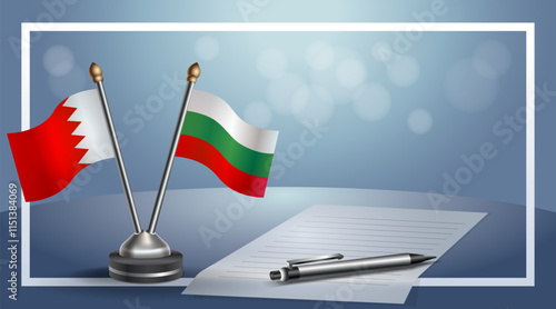 Bahrain and Bulgaria National flags on small table with bokeh background, cooperative relationship