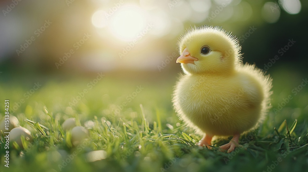 Fluffy Yellow Chick In Grassy Meadow Fluffy Yellow Chick In Grassy Meadow