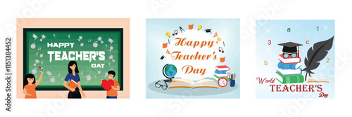 Blackboard and Students Gifting Their Teacher. Happy teachers day banner. A toga hat and glasses on a pile of books. Set flat vector modern illustration