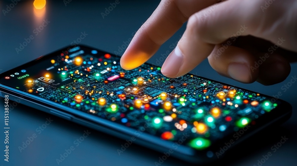A hand interacts with a smartphone displaying a vibrant circuit board design.
