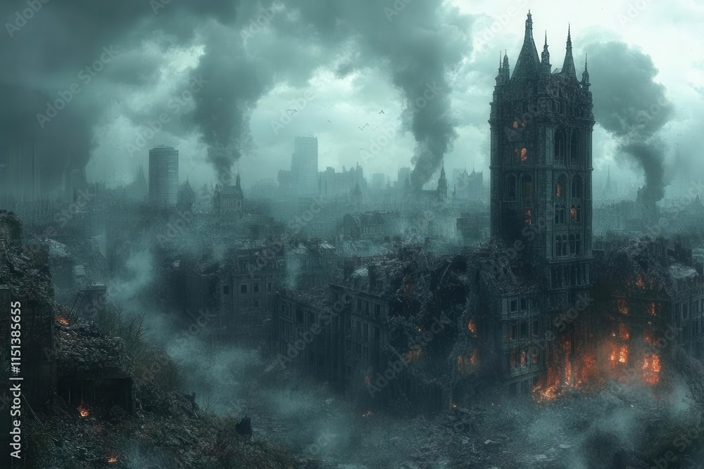 devastated town with collapsing structures, showcasing the haunting aftermath of war and destruction in a somber and impactful illustration devastated town with collapsing structures, showcasing the haunting aftermath of war and destruction in a somber and impactful illustration