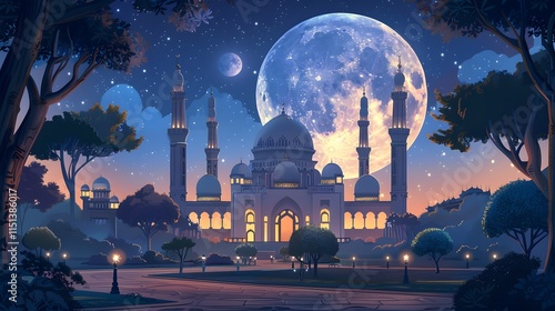 luxurious and magnificent mosque building, with a large and beautiful garden, with a beautiful view of the full moon at night photo