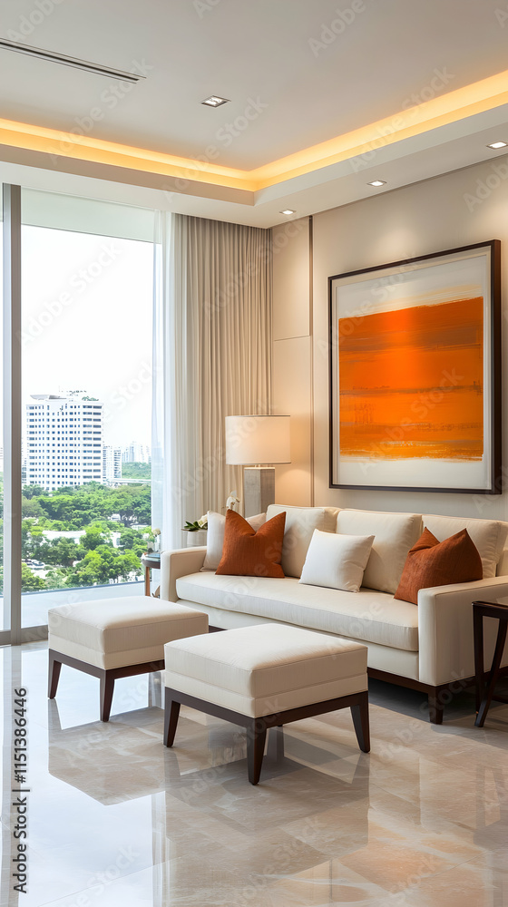 Fototapeta premium Modern apartment living room, city view, luxury sofa, orange art, interior design.