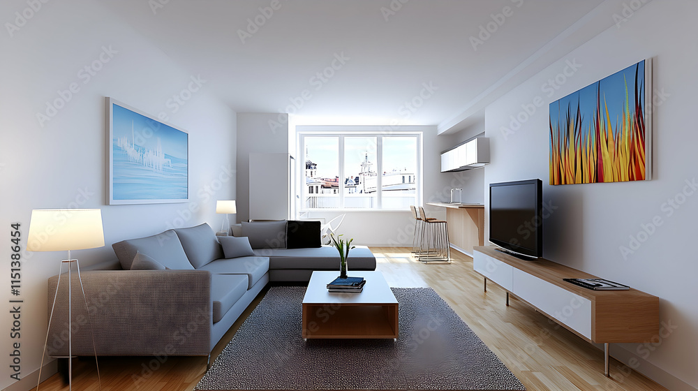 Modern apartment living room design, city view, relaxing interior, home decor, real estate. Modern apartment living room design, city view, relaxing interior, home decor, real estate.