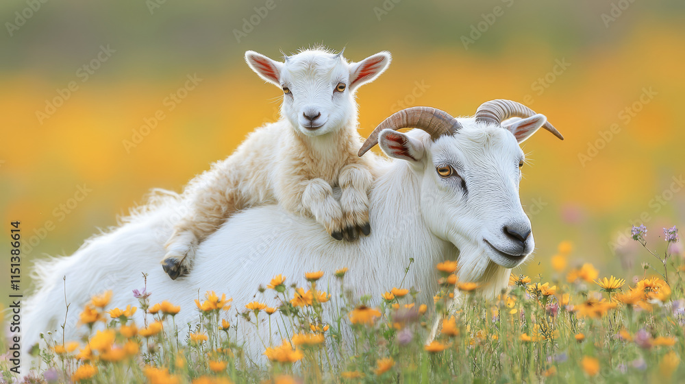 Fototapeta premium playful goatling climbing on its mother back in vibrant flower field, showcasing heartwarming bond in nature. scene is filled with colorful blooms and serene atmosphere
